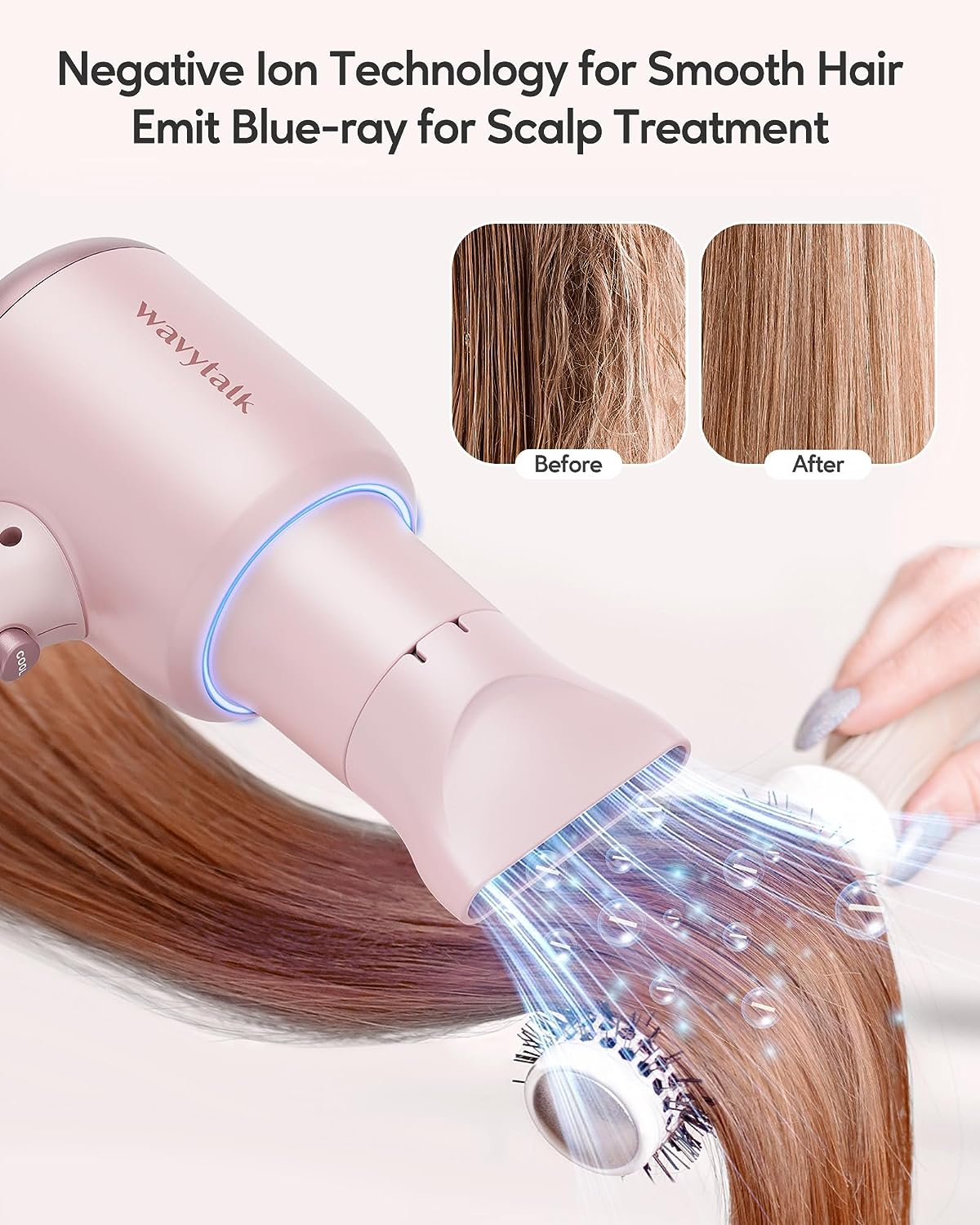 Wavytalk Professional Hair Dryer with Diffuser 1875W Power Dryer, Blow Dryer Ionic Hair Dryer for Women with Constant Temperature, Diffuser Hair Dryer Fast Drying &amp;Low Noise, Millennial Pink