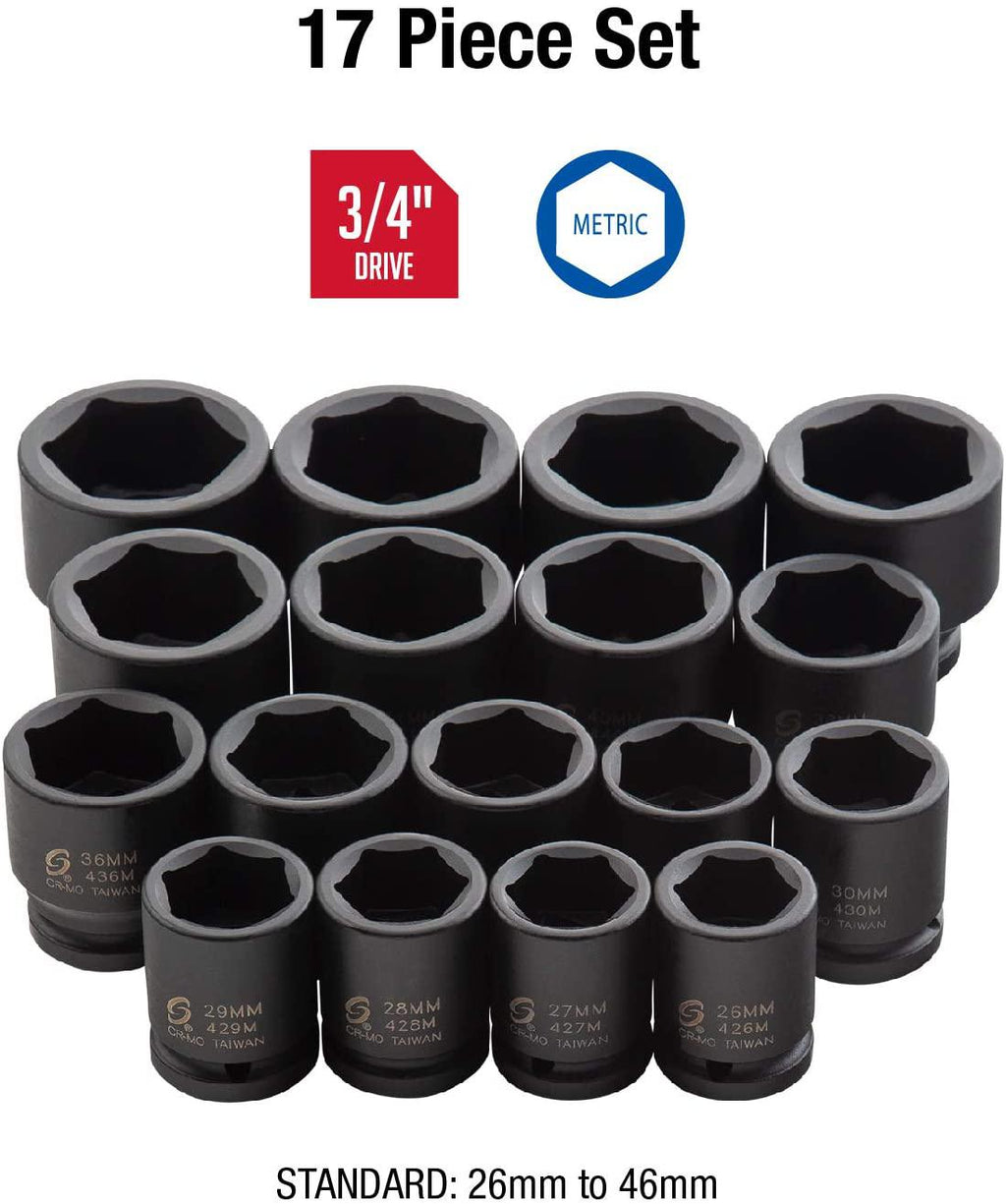 Sunex 4684, 3/4 Inch Drive Heavy Duty Impact Socket Set, 17-Piece, Metric, 26mm-46mm, Cr-Mo Alloy Steel, Radius Corner , Dual Size Markings, Heavy Duty StoraCase