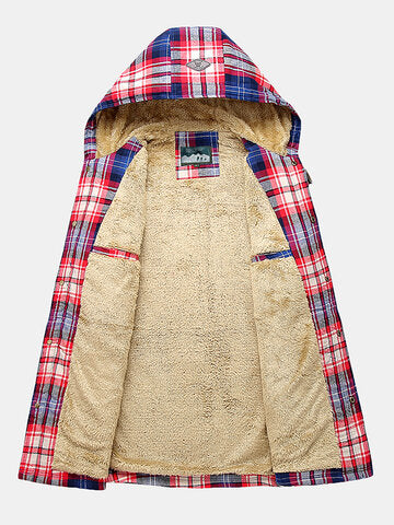 mens plaid 100% cotton plush lined thick snap button shirt hooded overcoats