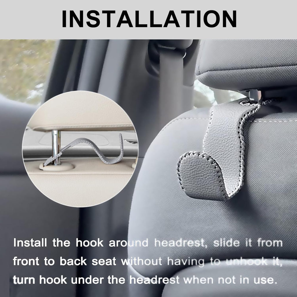 EldHus Seat Hooks for Purses and Bags, 4 Pack Car Purse Holder for Grocery Bag Handbag Clothes, Metal Headrest Hooks Covered by Leather, Grey