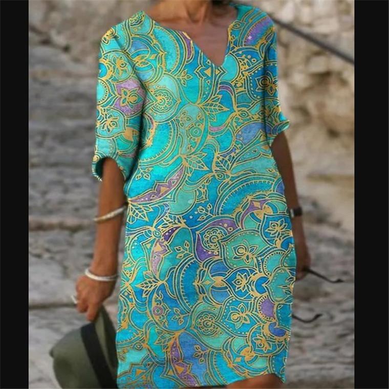 Casual Floral Tunic V-Neckline A-line Dress