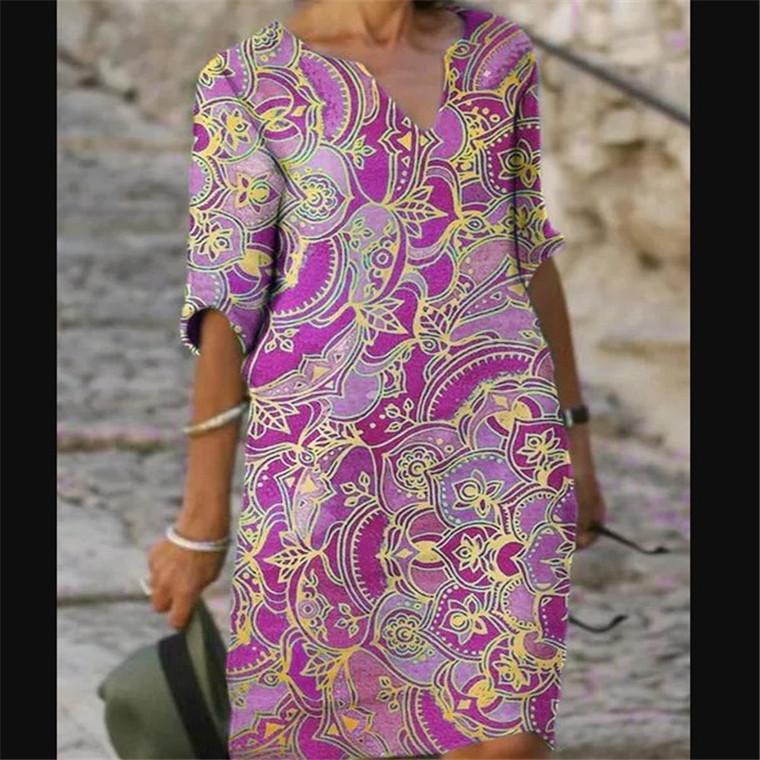Casual Floral Tunic V-Neckline A-line Dress
