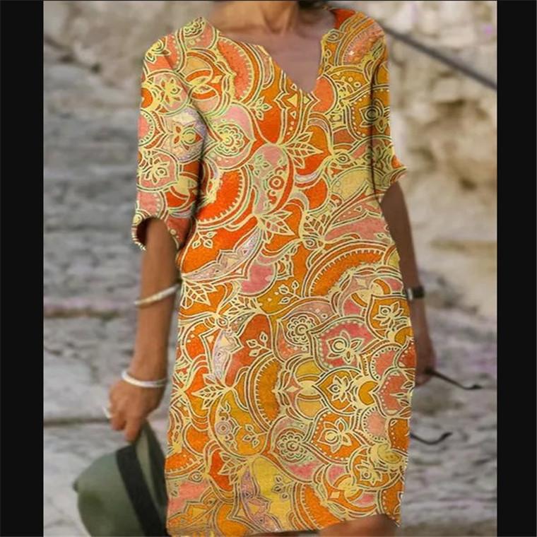 Casual Floral Tunic V-Neckline A-line Dress