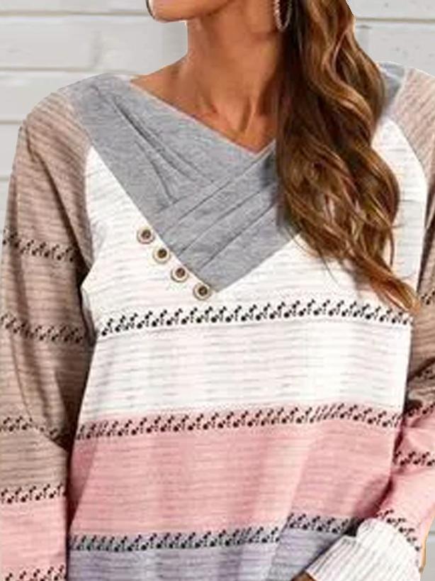 Casual Stitching Button V-Neck Long-Sleeved Loose Sweater