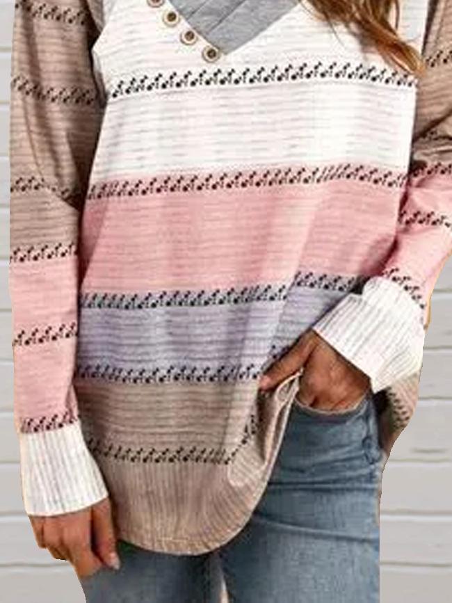 Casual Stitching Button V-Neck Long-Sleeved Loose Sweater