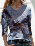 V-neck Retro Print Casual Loose Long-sleeved T-shirt