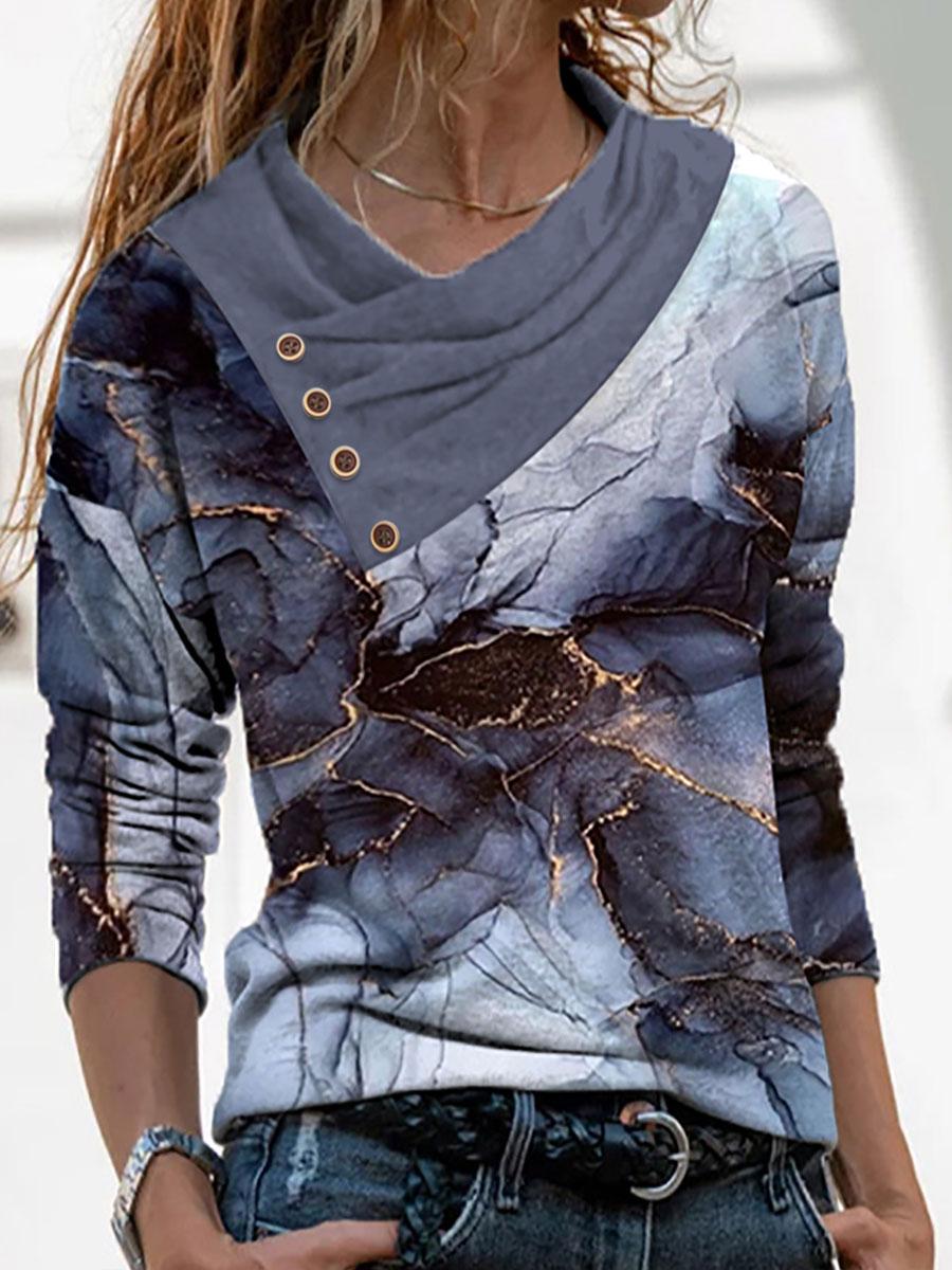 V-neck Retro Print Casual Loose Long-sleeved T-shirt