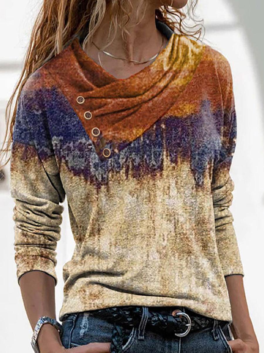 V-neck Retro Print Casual Loose Long-sleeved T-shirt