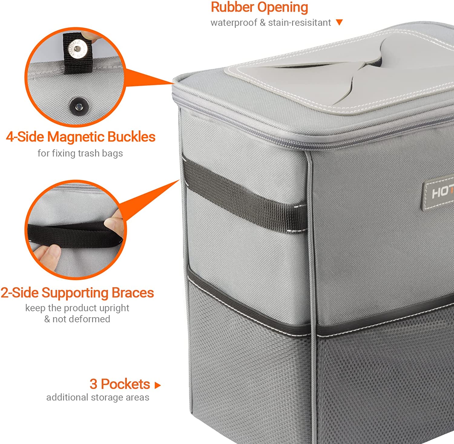 HOTOR Car Trash Can, 3-Gallon Ultra-Large Car Garbage Can, 100% Leakproof &amp; Waterproof Trash Can for Car, Multipurpose Car Trash Bin with Adjustable Straps, Magnetic Buckles, Mesh Pockets (Gray)