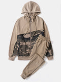 mens camo print patchwork zipper design drawstring hooded two pieces outfits