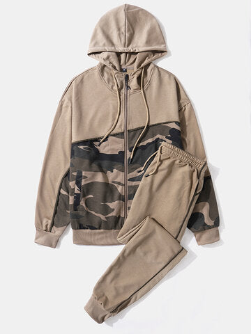 mens camo print patchwork zipper design drawstring hooded two pieces outfits
