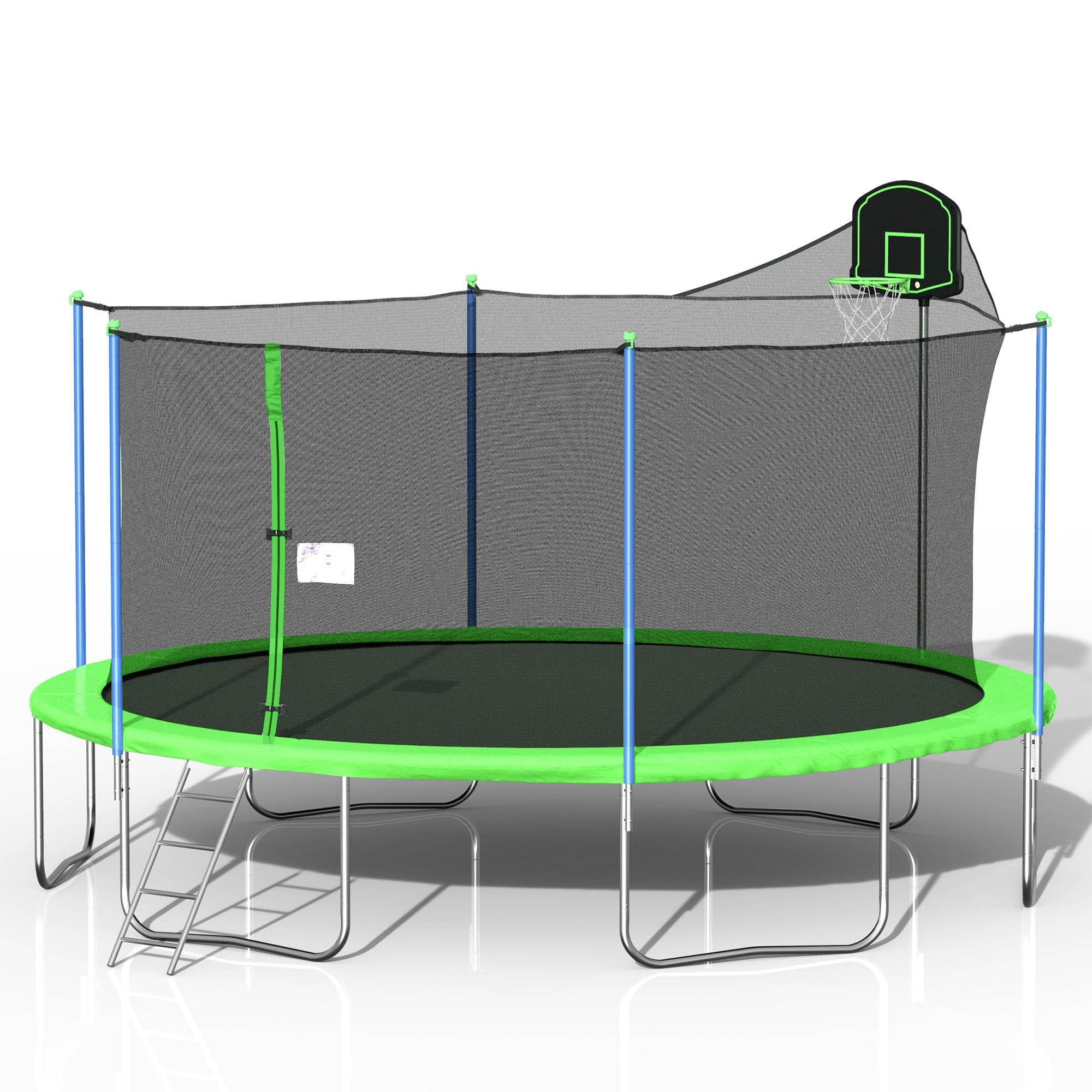 Kids 16FT Trampoline, Outdoor Trampoline with Basketball Hoop &amp; Backboard Enclosure Net Jumping Mat, Safety Spring Cover Padding, Christmas Birthday Gifts for Kids, 16' X 16' X 11', Green, S1768
