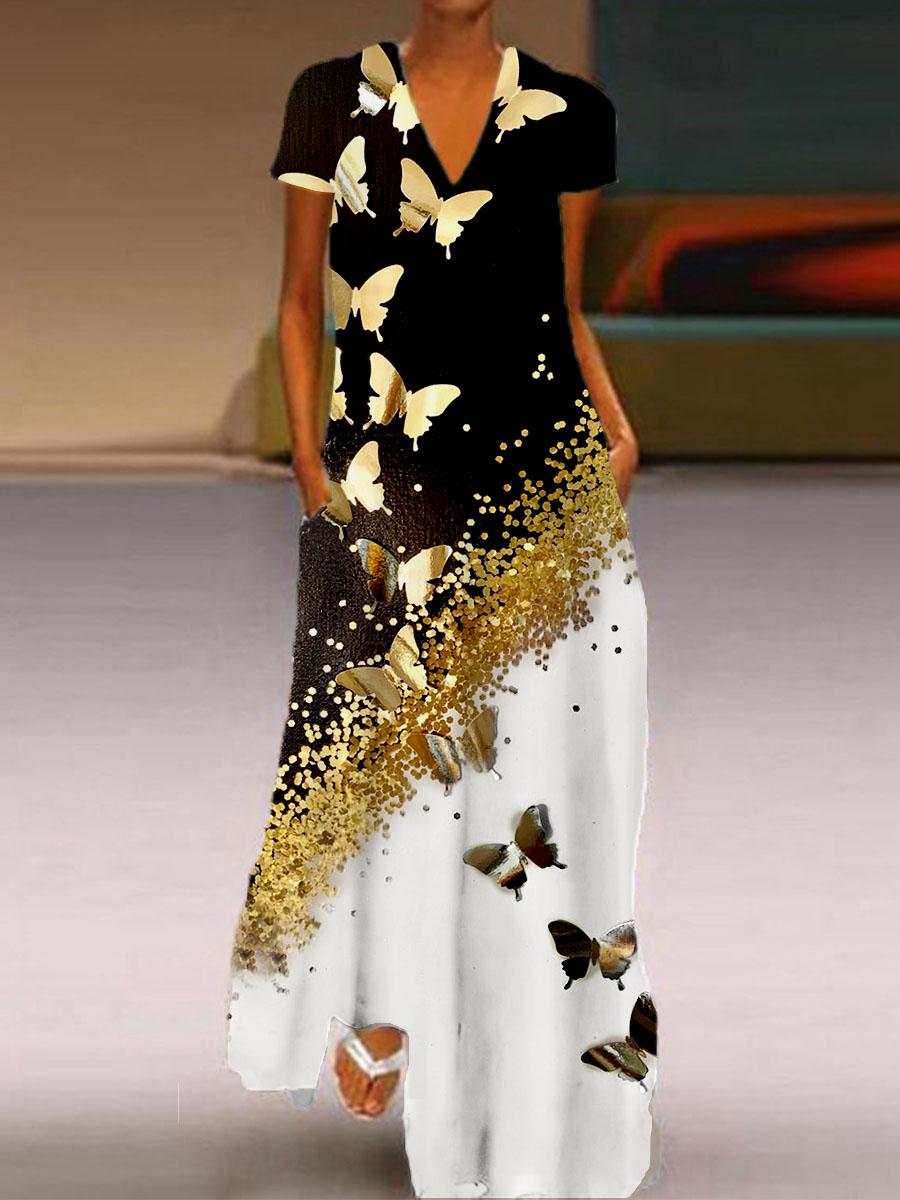 Gold print butterfly dress for women's wear