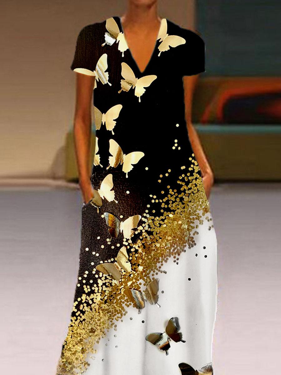 Gold print butterfly dress for women's wear