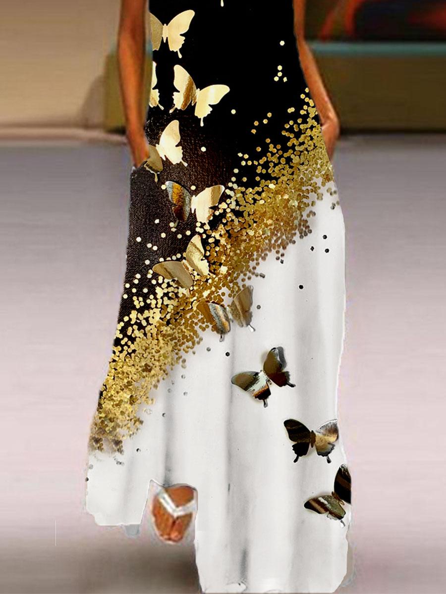 Gold print butterfly dress for women's wear