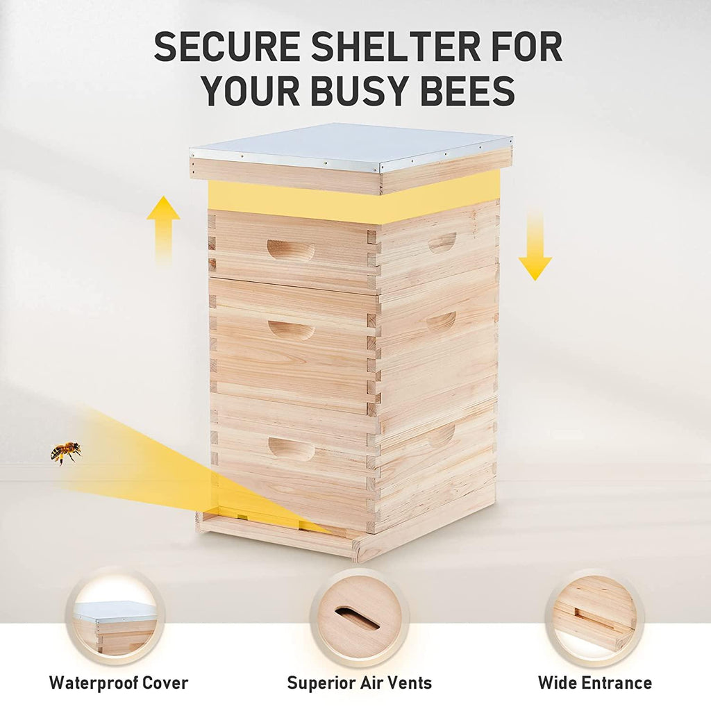 CREWORKS Bee Hive with 10 Medium &20 Deep Honeycomb Foundation Frames, Bee Box for Beekeeper Starter, Beekeeping Supplies Equipment Tool, Wood Complete Honey Bee Hives Kit, 3 Layer Bees House Box