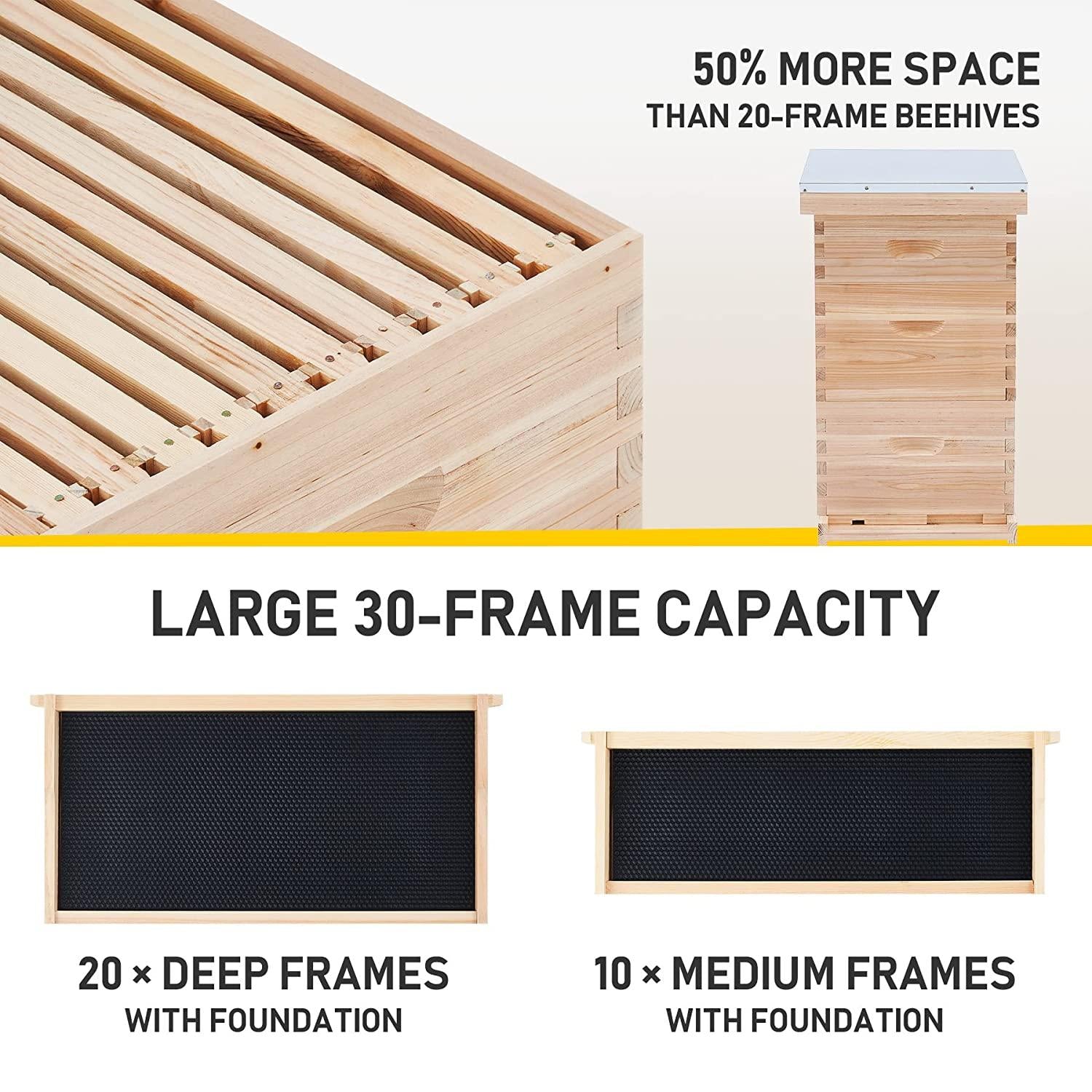 CREWORKS Bee Hive with 10 Medium &20 Deep Honeycomb Foundation Frames, Bee Box for Beekeeper Starter, Beekeeping Supplies Equipment Tool, Wood Complete Honey Bee Hives Kit, 3 Layer Bees House Box