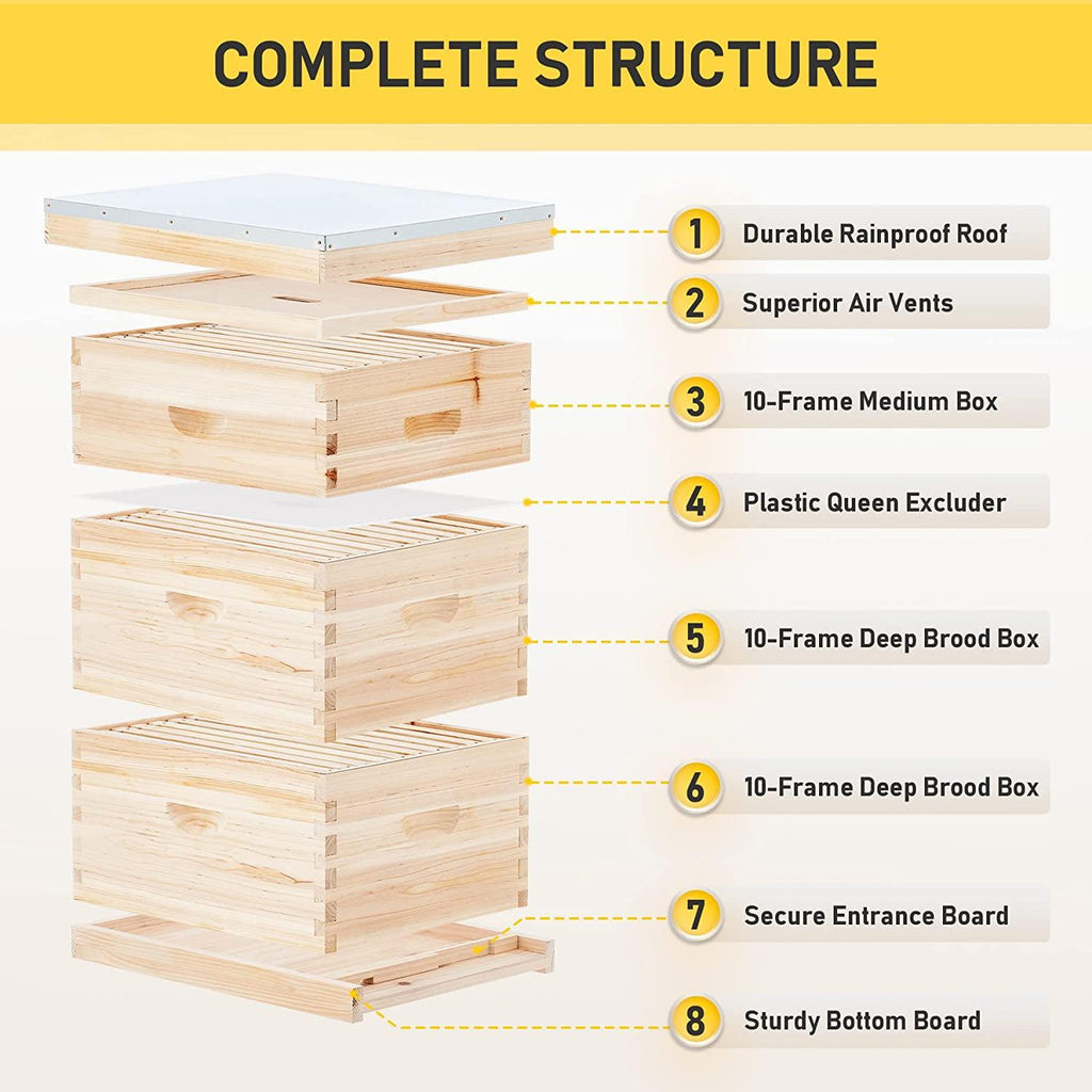 CREWORKS Bee Hive with 10 Medium &20 Deep Honeycomb Foundation Frames, Bee Box for Beekeeper Starter, Beekeeping Supplies Equipment Tool, Wood Complete Honey Bee Hives Kit, 3 Layer Bees House Box