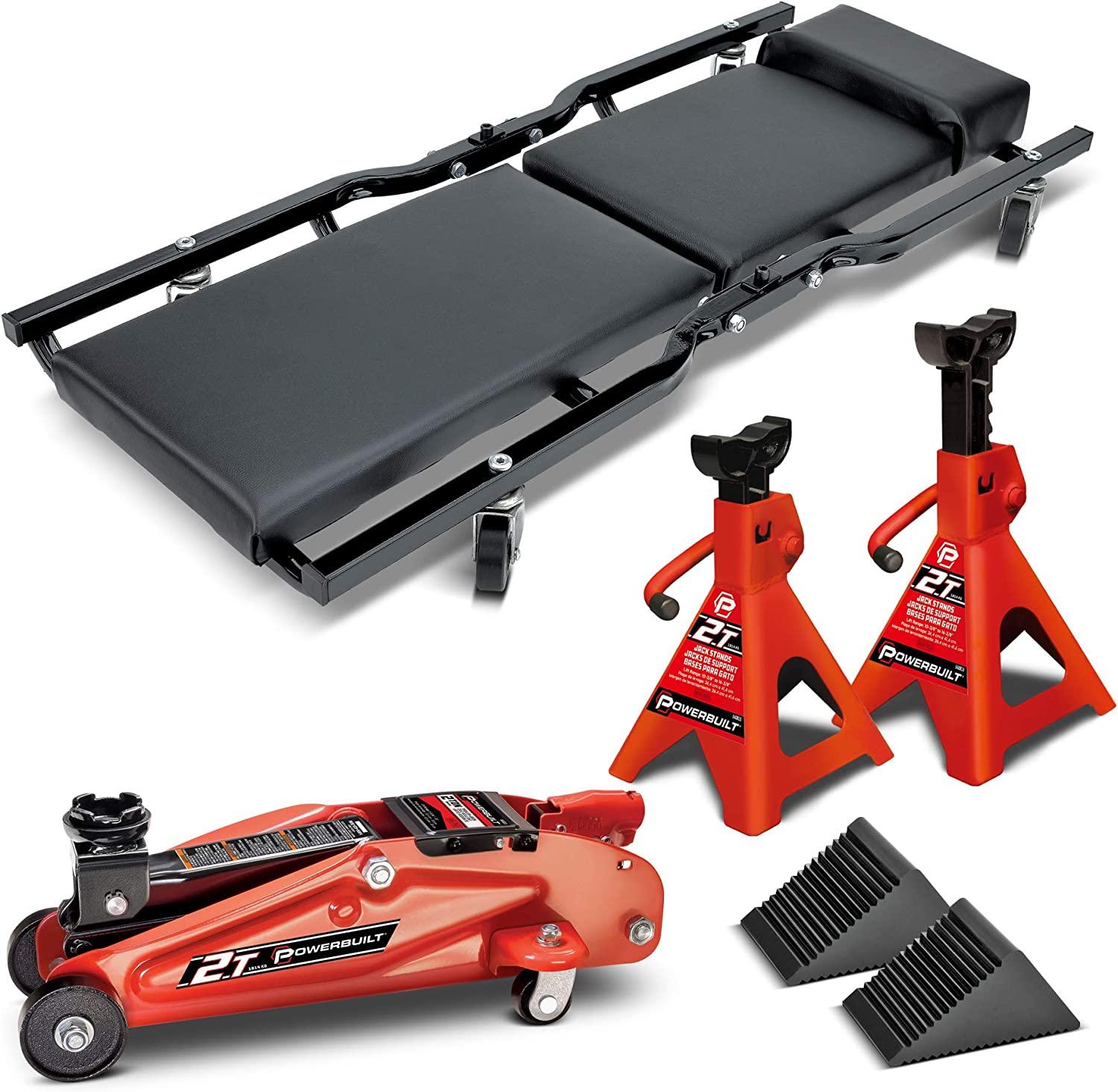 Power 6 Piece Car Jack and GaraCreeper Service Set, 2 Ton Vehicle Lift, Jackstands, Folding Creeper, Wheel Chocks, Car Repair GaraEquipment - 640816