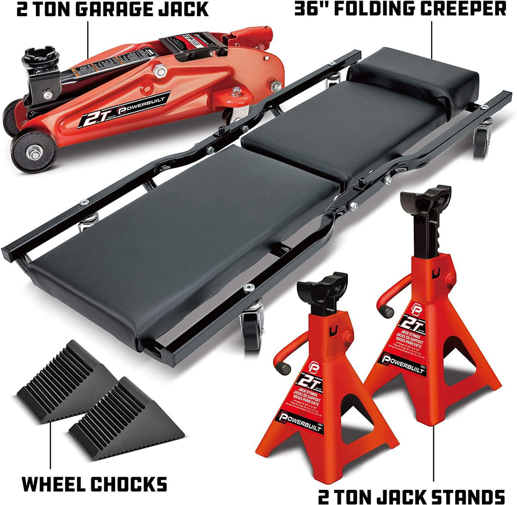 Power 6 Piece Car Jack and GaraCreeper Service Set, 2 Ton Vehicle Lift, Jackstands, Folding Creeper, Wheel Chocks, Car Repair GaraEquipment - 640816