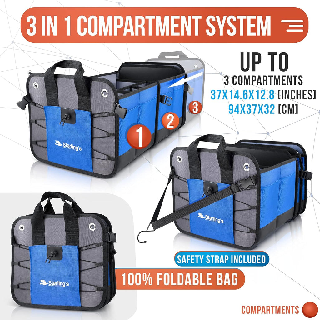 Starling's Car Trunk Organizer - Durable Storage SUV Cargo Organizer Adjustable (Blue, 3 Compartments)