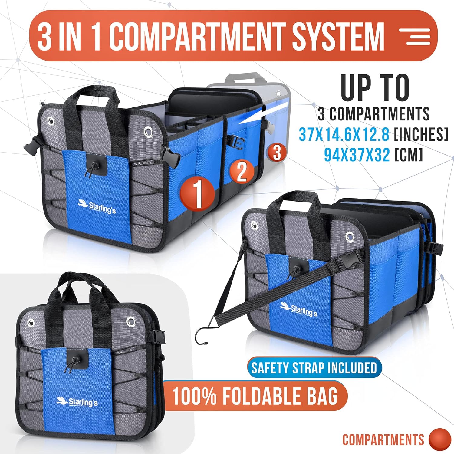 Starling's Car Trunk Organizer - Durable Storage SUV Cargo Organizer Adjustable (Blue, 3 Compartments)