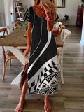 V-neck Geometric Print Loose Casual Short-sleeved Maxi Dress