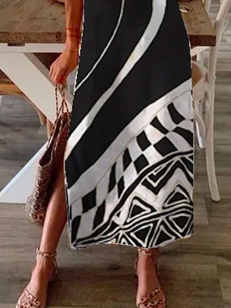 V-neck Geometric Print Loose Casual Short-sleeved Maxi Dress