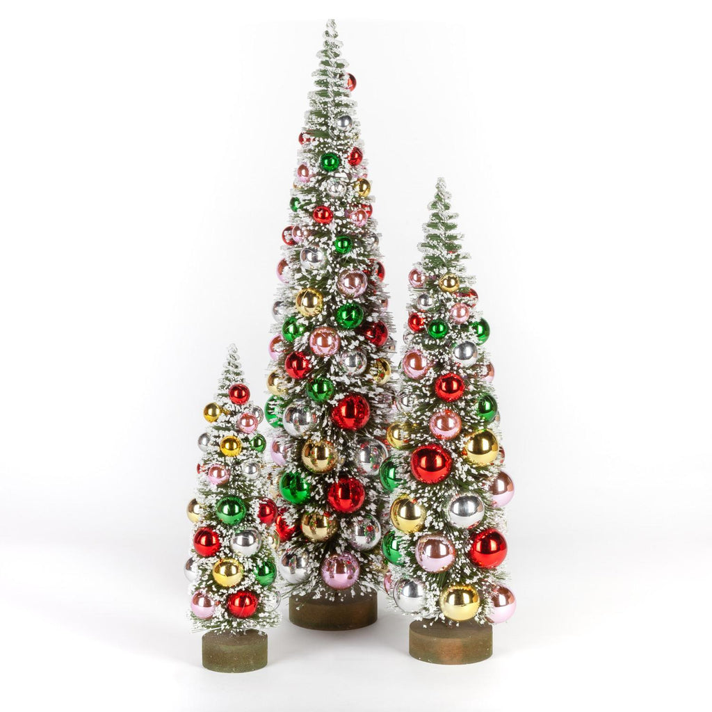 Gerson Set of 3 Assorted PVC Bottle Brush Trees with Ornaments and Wood Base