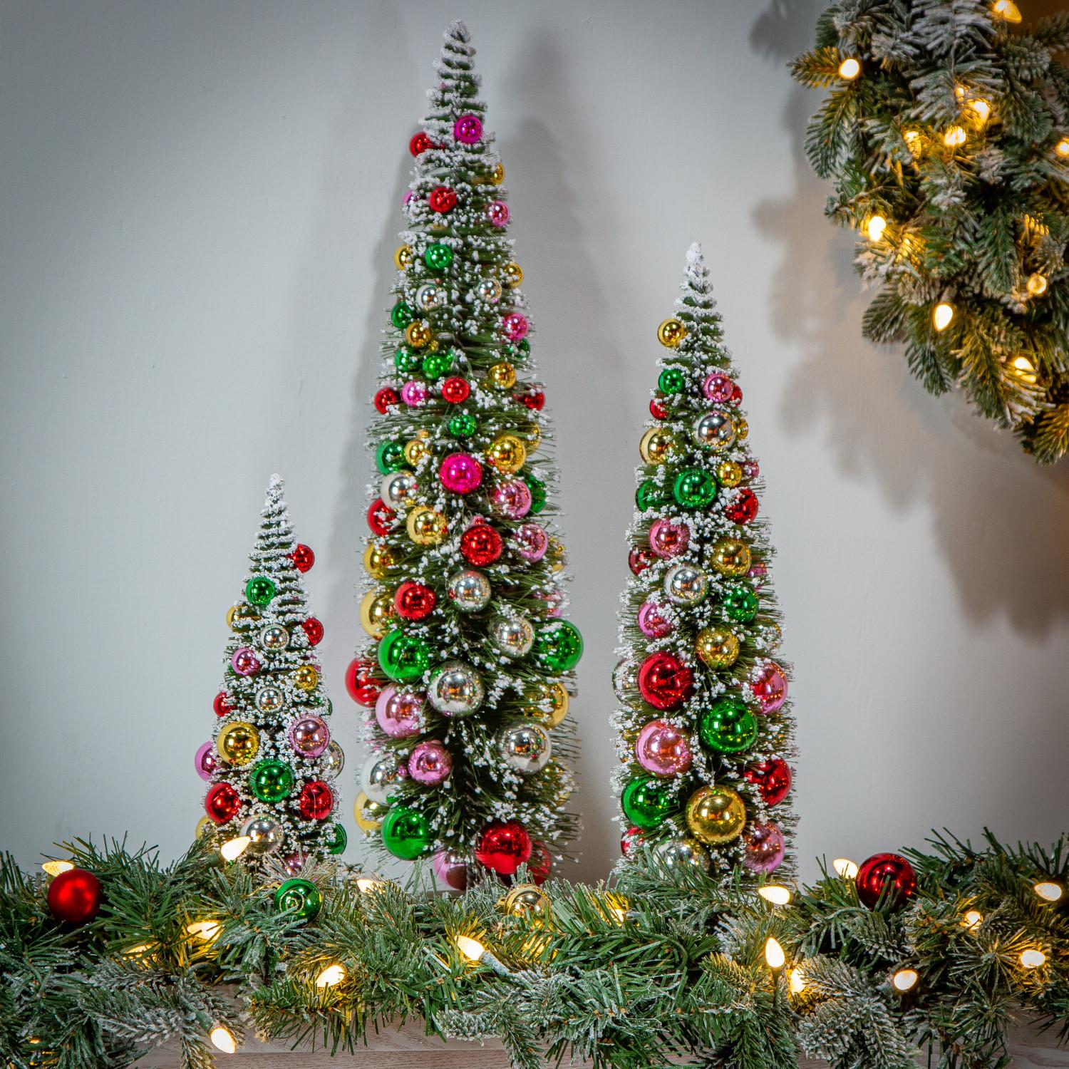 Gerson Set of 3 Assorted PVC Bottle Brush Trees with Ornaments and Wood Base