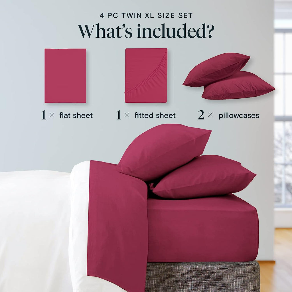 LuxClub Twin XL Sheets Set - Soft Twin Bed Sheets for Boys and Girls, 4 PC Deep Pockets 18" Eco Friendly Wrinkle Free Kids Fitted Sheets Machine Washable Hotel Bedding Silky Soft - Burgundy Twin XL