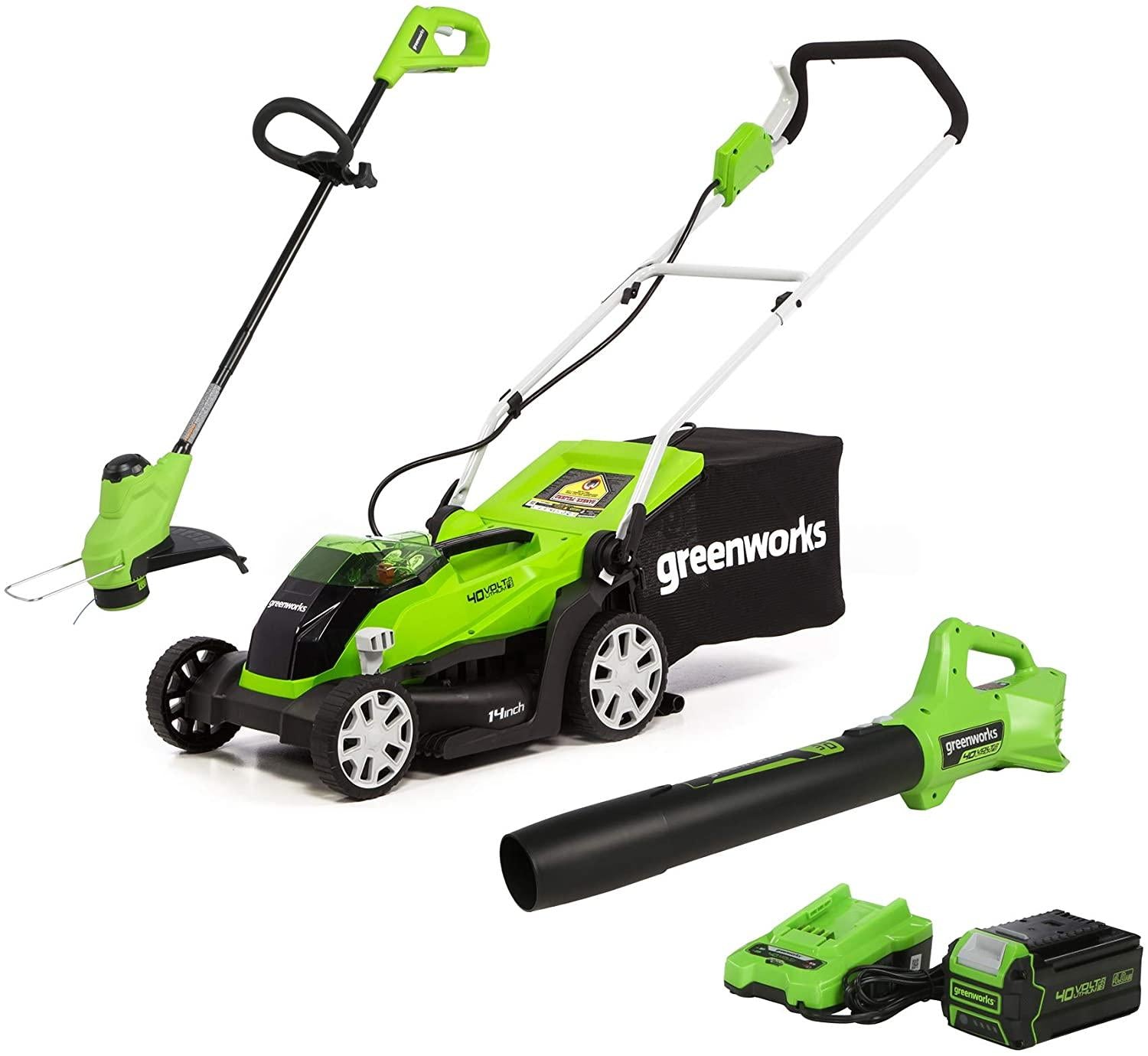 Greenworks 40V 14-Inch Mower/Axial Blower/12-Inch String Trimmer Combo Kit, 4Ah USB Battery and Charger Included, CK40B411