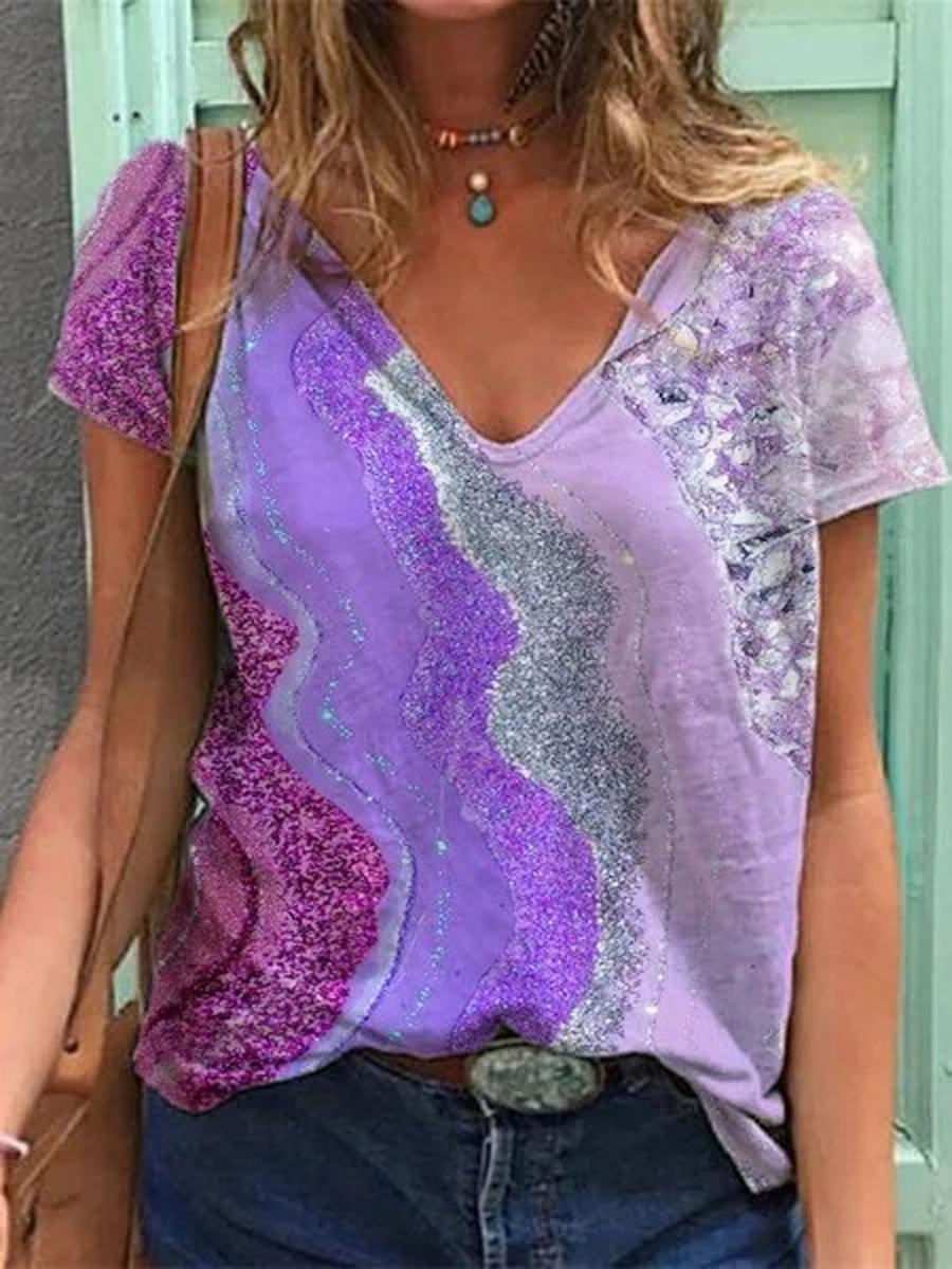 Loose Casual Abstract Print V-Neck Short Sleeve T-Shirt