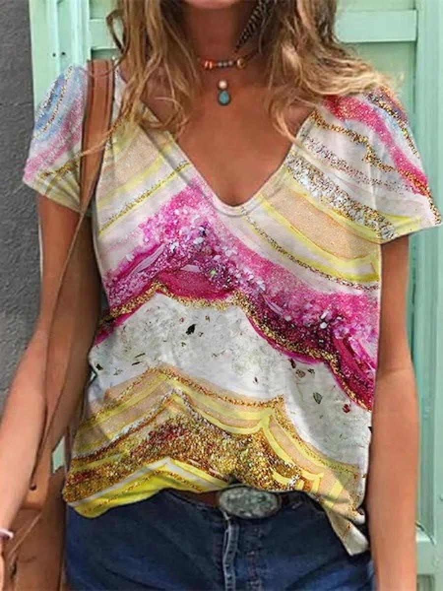 Loose Casual Abstract Print V-Neck Short Sleeve T-Shirt