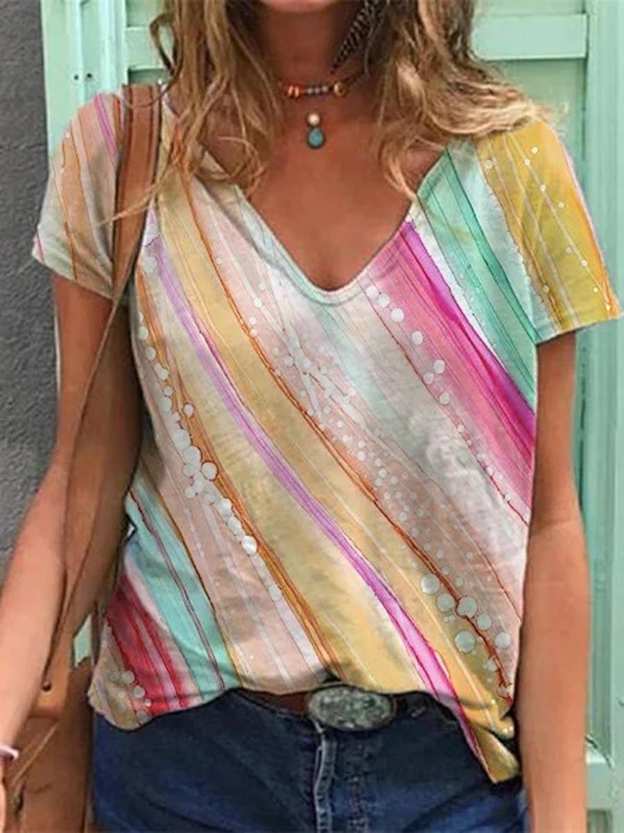 Loose Casual Abstract Print V-Neck Short Sleeve T-Shirt