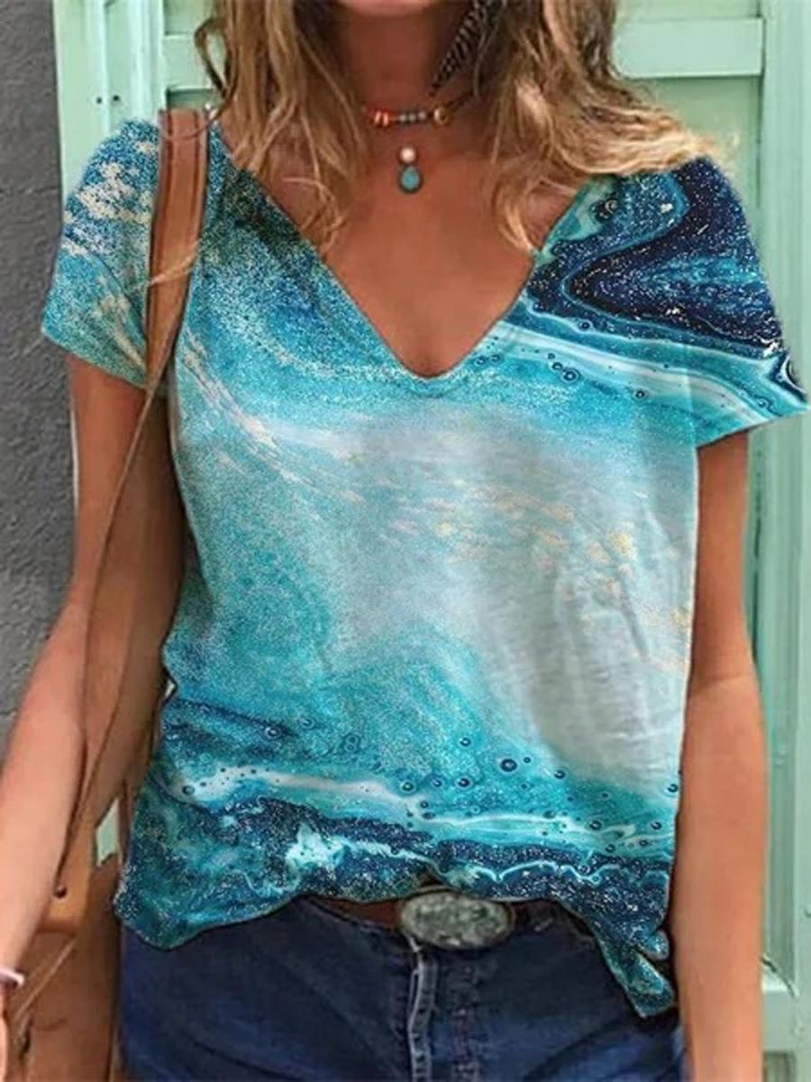 Loose Casual Abstract Print V-Neck Short Sleeve T-Shirt