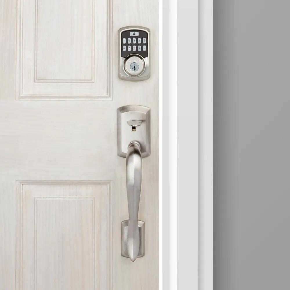Aura Satin Nickel Single Cyl. Elec. BT Keypad Smart Lock Deadbolt Feat SmartKey Security/Avalon Handle and Tustin Lever