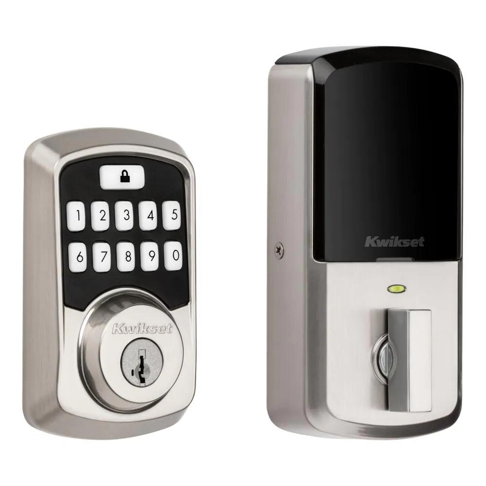 Aura Satin Nickel Single Cyl. Elec. BT Keypad Smart Lock Deadbolt Feat SmartKey Security/Avalon Handle and Tustin Lever