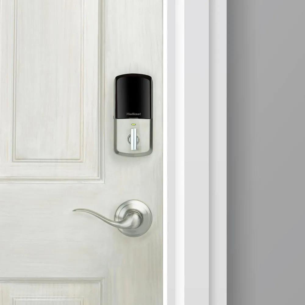 Aura Satin Nickel Single Cyl. Elec. BT Keypad Smart Lock Deadbolt Feat SmartKey Security/Avalon Handle and Tustin Lever