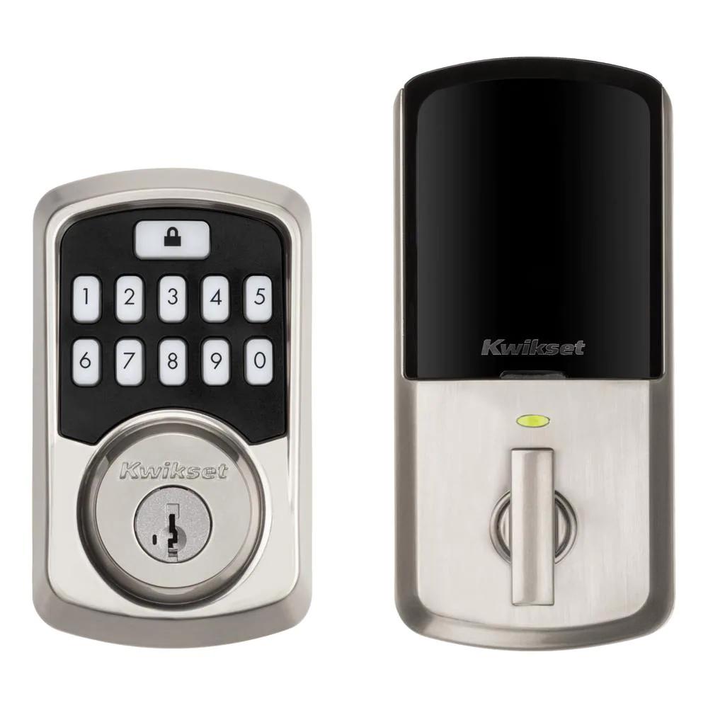 Aura Satin Nickel Single Cyl. Elec. BT Keypad Smart Lock Deadbolt Feat SmartKey Security/Avalon Handle and Tustin Lever