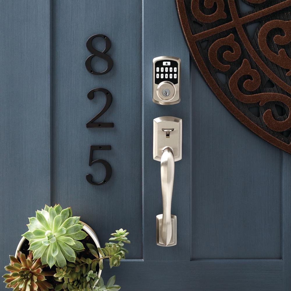 Aura Satin Nickel Single Cyl. Elec. BT Keypad Smart Lock Deadbolt Feat SmartKey Security/Avalon Handle and Tustin Lever