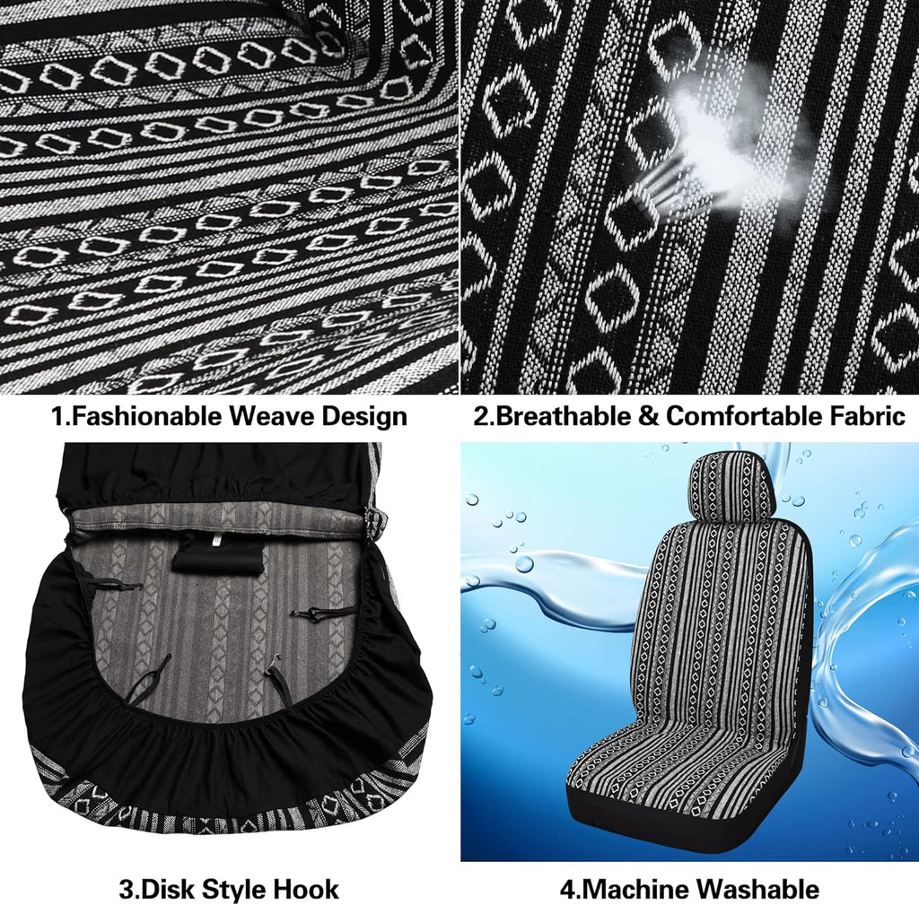Pariitadin Baja Saddle Blanket Car Seat Covers Front Set with Seat Belt Pads, Washable Breathable Striped Woven Cloth Seat Covers for Cars, Universal Fit Most Cars, Airbag Compatible, Black/White