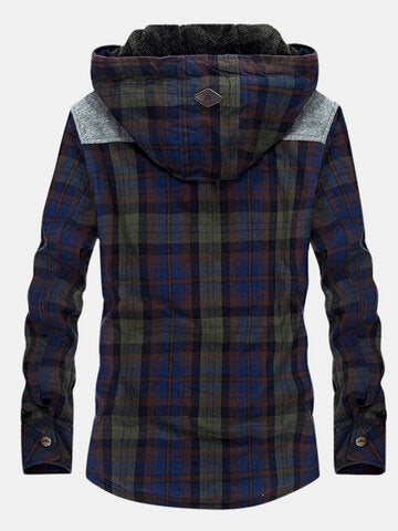 mens plaid 100% cotton plush lined thick snap button shirt hooded overcoats