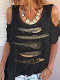 Women's T-shirt with gold print and feathers