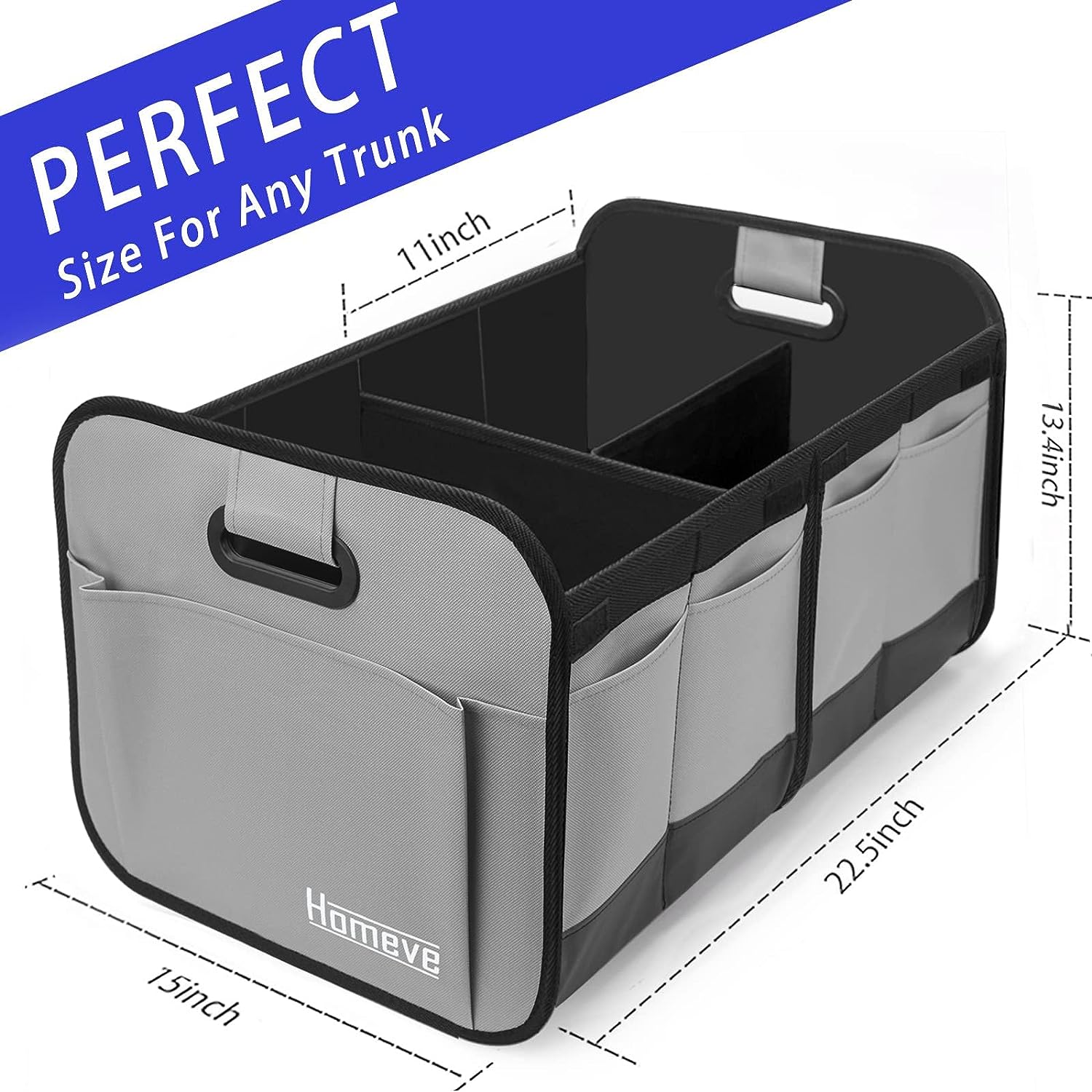 Homeve Trunk Organizer for Car, Car Storage, Reinforced Handles, Collapsible Multi-Compartment Car Organizers Foldable and Waterproof, 600D Oxford Polyester, Suitable for Any Car, SUV, Mini-Van, Grey