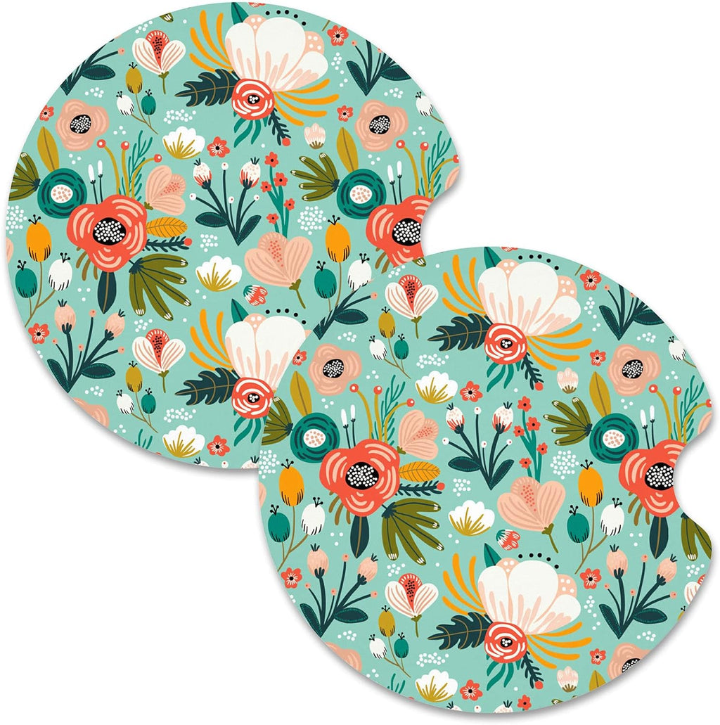 Nipichsha Car Cup Holder Coasters, Car Coasters for Cup Holders, 2 Pack Anti Slip Insert Coasters, Rubber Car Cup Mat with A Finger Notch, Cute Car Interior Accessories for Women Men(Green Flower)