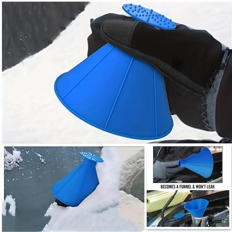 1pc Car Window Windshield Magic Ice Scraping Oil Funnel Snow Shovel + 1pair Gloves, Ice Removal Tool Scraping Winter Car Accessories