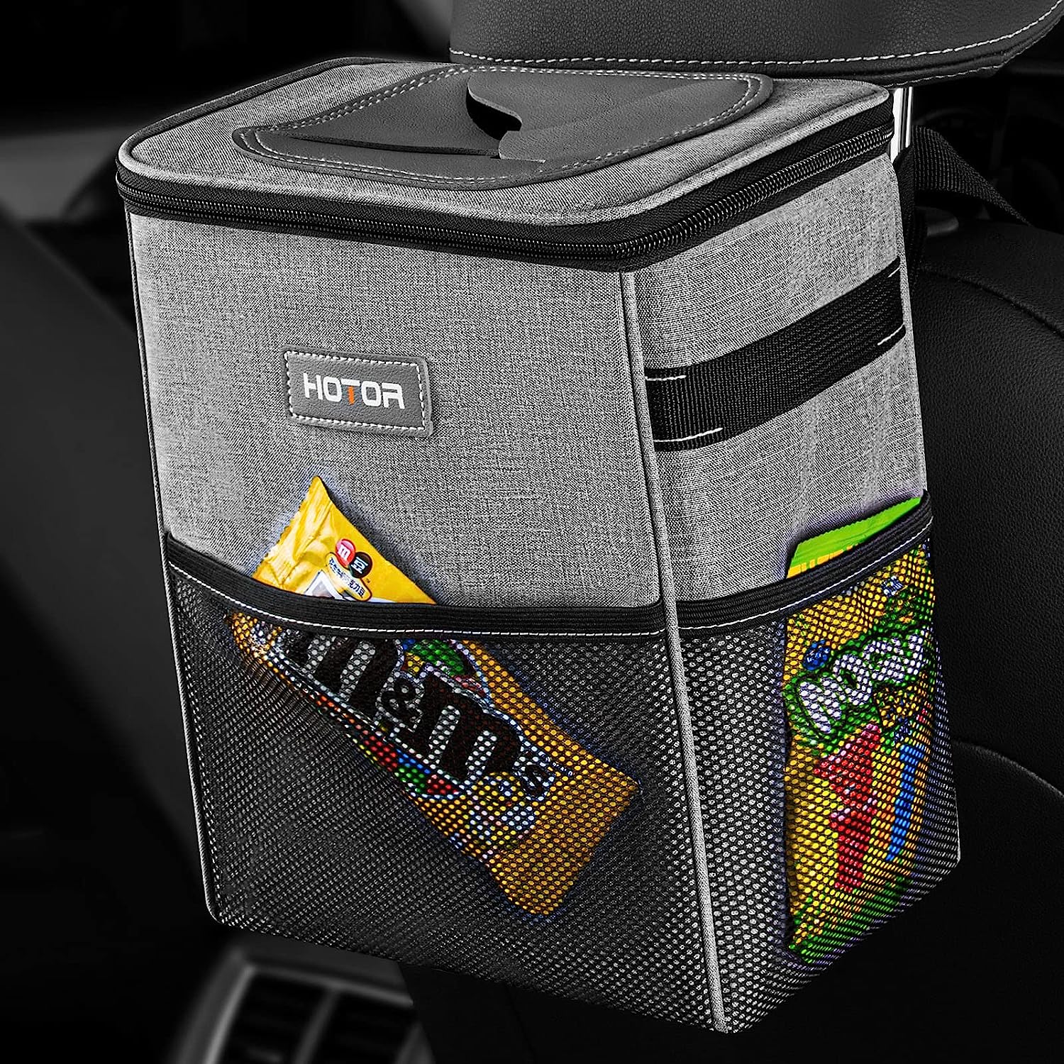 HOTOR Car Trash Can - Multifunctional Car Accessory for Interior Car Stuff Storage with Compact Design, Waterproof Car Organizer and Storage with Adjustable Straps, Magnetic Snaps (Light Gray)