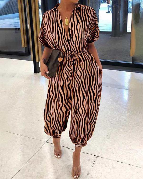 fold-over collar single-breasted short-sleeved zebra pattern jumpsuit