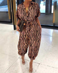 fold-over collar single-breasted short-sleeved zebra pattern jumpsuit